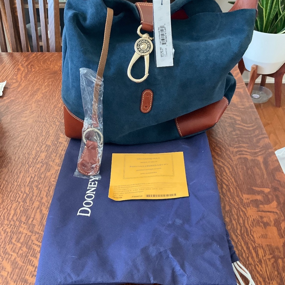 Dooney and bourke blue Swede and brown leather tote